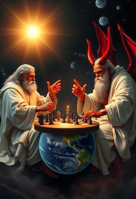 god and the devil are playing chess, they are sitting in space with a little planet earth as table where the chessboard is standing, or a cosmic backdrop, god is despicted as a wise old man in white robes and a long beard, the devil is red with horns , the chess pieces are little humans, they both look very concentrated and looking at chessboard, divine light surrounding God, hellfire glow around the Devil
