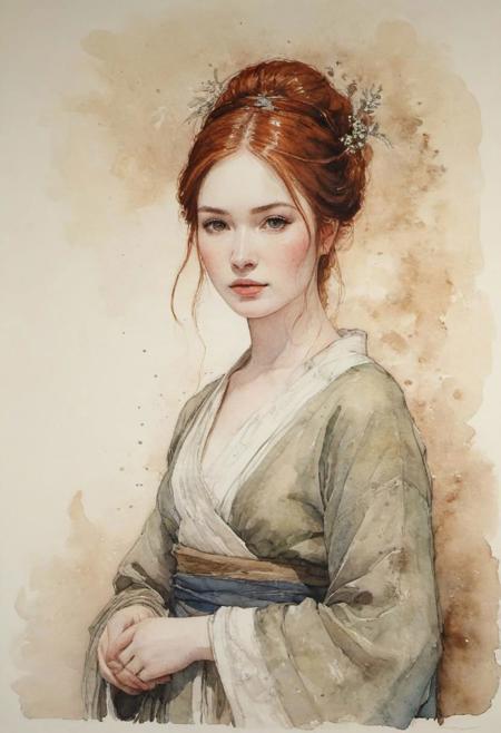 Karen Gillan, by Howard Pyle, (dim, Watercolor 2 but extremely beautiful:1.4), (intricate details, masterpiece, best quality:1.4) , in the style of nicola samori, Japanese Style Ink Drawing, ink drawing, ink-wash, Japanese Style Ink Drawing,, looking at viewer,