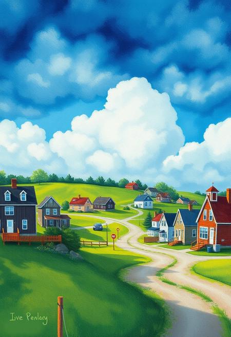 a simple uncluttered stylish cozy small-town village. It should be scenic and picturesque. Include elements such as a quaint little village, green farmland, deep blue cloudy sky, vibrant, cute, stormy, surreal, flat, acrylic, concept art, oil painting, watercolor