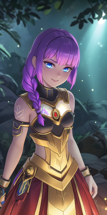 sneer, cybernetic armor, artificial limbs, SFW, 1Girl, Adult, (slutty Pitcairn Islander:1.2) woman, sagging small breasts, long dark purple multiple braids hairstyle, wearing orange hoop skirt outfit, beryl jewelry, gilded gold accents, glowing pupils, light blue eyes, blissful expression, knockout scarce harmony aura with temperate mixed forest background, tattoos, floating sparkles, subsurface scattering, ray traced, depth of field, bokeh, god rays, vivid colors, cinematic hard lighting, realistic shadows, detailed textures, , iridescence