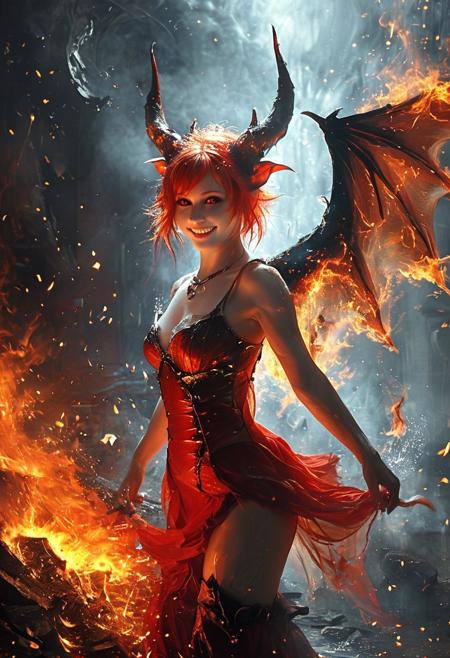 succubus, slender legs, small perky breasts, aesthetic face, glowing eyes, amber eyes, round eyes, very small nose, big ears, small lips, small mouth, small head, freckles, human ears, round ears, short red horns, crystal horns, long red tail, thin tail, ashen skin, dedicated face, enthusiastic face, evil smile, beautiful, artistic brackground, background dominant colour is red, white and gold, fire, hot, inside fire, revealing red dress, surrounded by fire, fire hair, burning hair and horns, burning tail, radiating heat, burning eyes, sweat, short hair, from side, small butts, bat wings, wings on fire, burning legs, burning hands, majestic, epic, masterpiece, smile, happy