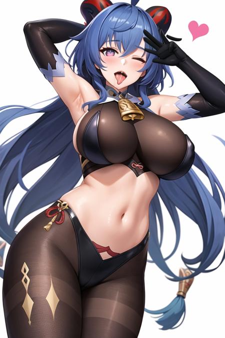 1girl, ahoge, arm up, armpits, bangs, bare shoulders, bell, black gloves, black leotard, blue hair, blush, bodystocking, breasts, covered navel, cowbell, elbow gloves, fellatio gesture, ganyu \(genshin impact\), gloves, heart, heart-shaped pupils, horns, huge breasts, large breasts, leotard, long hair, looking at viewer, one eye closed, open mouth, pantyhose, purple eyes, saliva, solo, symbol-shaped pupils, thighs, tongue, tongue out,(masterpiece:1.4),(best quality:1.4),(shiny skin),realistic