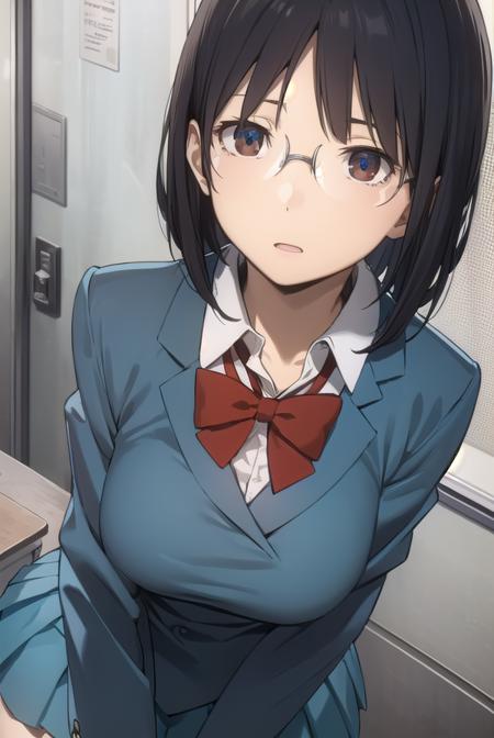 anrisonohara, <lora:anri sonohara s1-lora-nochekaiser:1>,
anri sonohara, short hair, black hair, (brown eyes:1.3), glasses, bob cut,
BREAK skirt, school uniform, shirt, white shirt, collared shirt, blazer, blue blazer, bow, red bow, blue skirt,
BREAK indoors, classroom,
BREAK looking at viewer, (cowboy shot:1.5),
BREAK <lyco:GoodHands-beta2:1>, (masterpiece:1.2), best quality, high resolution, unity 8k wallpaper, (illustration:0.8), (beautiful detailed eyes:1.6), extremely detailed face, perfect lighting, extremely detailed CG, (perfect hands, perfect anatomy),