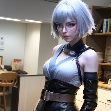 1girl, adjusting eyewear, bangs, belt, blue eyes, white hair, glasses, looking at viewer, short hair, solo, standing, thigh strap