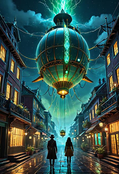 masterpiece, best quality, ultra-detail, extremely aesthetic, absurdres, high-quality cinematic, dynamic lighting, vivid and rich colors, ethereal glow, mystical light, dreamlike atmosphere, otherworldly landscapes, subtle magic, shimmering particles, soft diffused lighting, grand scale, expansive landscape, intricate background details,
A young adventurous duo (Pazu and Sheeta style), clinging to their damaged airship's ropes, navigating a storm between the glowing buildings of a floating city. **Color palette: Steampunk brass, warm golden glows, muted sky blues, with soft green and amber bioluminescence from plants.** **Style: Adventurous, nostalgic, whimsical, hand-drawn animation feel, soft lighting.** Pursuing military airships are close behind. Towers adorned with bioluminescent flora in the city below glimmer with warm light, guiding their escape route, while the girl's eyes reflect a mix of hope and fear.
