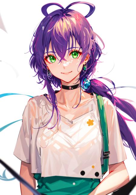 1girl, luo_tianyi, ahoge, bangs, black_choker, blue_choker, blurry, blurry_background, choker, closed_mouth, collarbone, depth_of_field, earrings, eyebrows_visible_through_hair, green_eyes, hair_between_eyes, hair_bow, long_hair, looking_at_viewer, purple_hair, shirt, simple_background, smile, solo, upper_body, virtual_youtuber, white_background
<lora:style_TID:1>