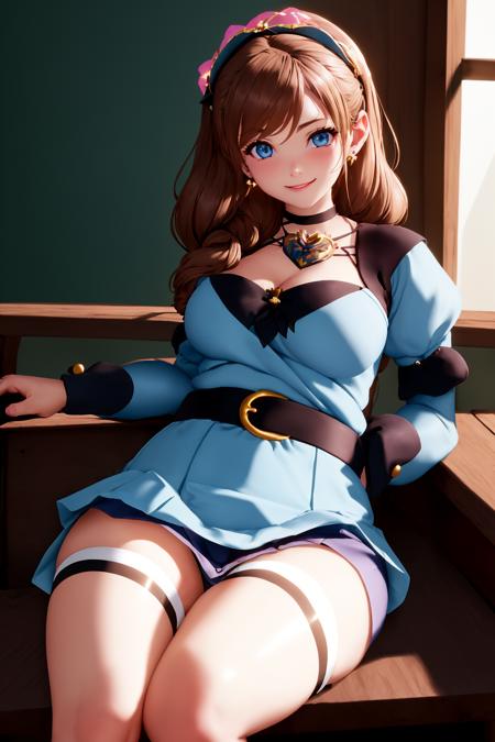 masterpiece, ultra-detailed, best quality, illustration, 8k cg wallpaper, an extremely delicate and beautiful, 1girl, solo, perfect anatomy, cute face, smiling, blushing, sparkling eyes, deep blue eyes, beautiful detailed eyes, dark brown hair, shoulder-length hair, twintails, cute hair accessories, cute earrings, cute choker, slim body, medium breasts, school uniform, perfect arms, perfect hands, perfect fingers, cute arm accessories, cute hand accessories, black belt with gold buckle, light blue plaid miniskirt, cute thigh-high stockings, perfect legs, cute, pretty, beautiful, sexy, perfect body, (background: classroom, desks, chairs, blackboard, windows, intricately detailed items in background), <lora:Arise:1>