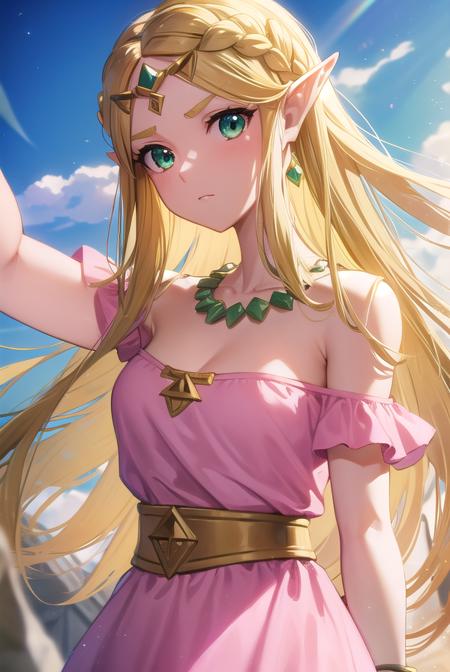 princess zelda, blonde hair, (green eyes:1.5), pointy ears, hair ornament, hairclip, parted bangs, short hair, crown braid, princess zelda, blonde hair, (green eyes:1.5), pointy ears, long hair, parted bangs, braid, capelet,  long sleeves, dress, blue dress, pants, black pants, bead necklace, beads, belt, bracer, cape, circlet, collarbone, dress, earrings, jewelry, necklace, triforce, triforce earrings, v-shaped eyebrows, white cape, (pink dress:1.5),