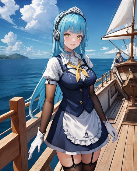 best quality, (masterpiece:1.2), illustration, absurdres, 
(1girl), (solo), (beautiful detailed girl), cowboy shot,
<lora:RisetteV2:0.9> Risette Twinings, yellow eyes, blue hair, long hair, blunt bangs, large breasts,maid, concierge, metal headpiece, headset,  yellow neckerchief, elbow gloves, white gloves, waist apron, garter straps, thighhighs, white boots,
smile, looking at viewer,
on a sailing ship, wooden ship, sea, sky, clouds,