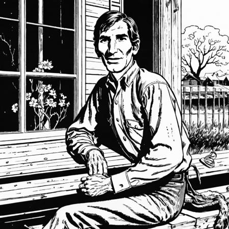 vintage clipart illustration of (Townes Van Zandt:1.2) sitting on a porch , black and white, commercial line art <lora:VOLK_Vintage_Clipart:1>