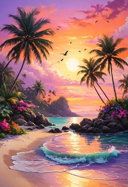 acoustic guitars, tropical music, beach, sea palm trees, colorful birds, vivid flowers, a serene sunset over a tranquil tropical island, where palm trees sway gently in the warm breeze, the sky painted in hues of orange, pink, and purple, birds returning to their nests, flowers closing for the night, (realistic:1.2), (soft lighting:1.1), (smooth brushwork:1.1), (crisp details), (peaceful atmosphere), (tropical paradise), (serenity)