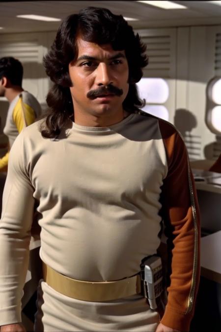 latino man with long hair and moustache in s1999unf uniform,brown left sleeve,at base<lora:S1999_V2flex-000004:0.8>