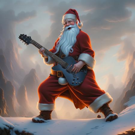 santa absolutely shredding a guitar solo on a snowy rooftop with an epic storm behind him. Rimlight, Subsurface Scattering., art by smoose2