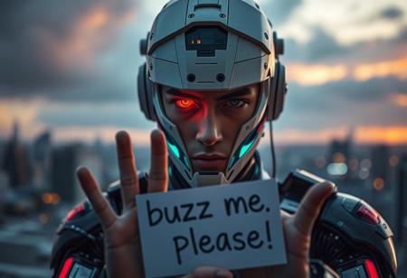portrait of a cyberpunk cyborg, depth of field, 200mm, f:8, cityscape background, sunset, storm,a sign on hands with the text "buzz me, please", focus on eye face