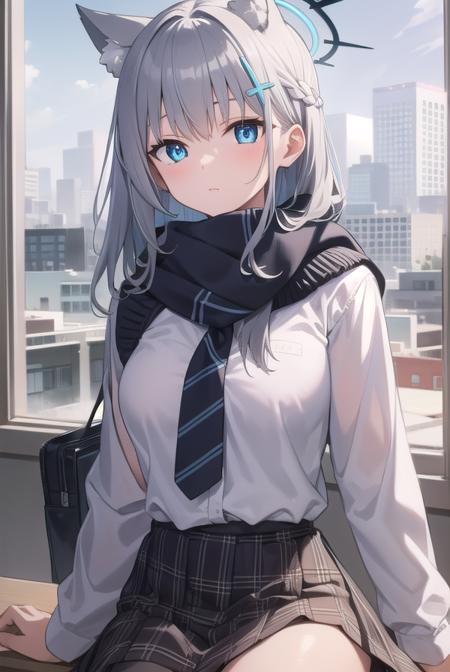 bluearchiveshiroko, <lyco:shiroko-lyco-nochekaiser:1>, 
shiroko, animal ears, blue eyes, grey hair, hair ornament, hairpin, halo, medium hair, wolf ears,
BREAK checkered clothes, checkered skirt, school uniform, skirt, scarf,
BREAK looking at viewer, 
BREAK indoors, classroom,
BREAK <lyco:GoodHands-beta2:1>, (masterpiece:1.2), best quality, high resolution, unity 8k wallpaper, (illustration:0.8), (beautiful detailed eyes:1.6), extremely detailed face, perfect lighting, extremely detailed CG, (perfect hands, perfect anatomy),