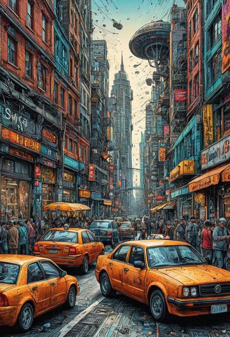 An epic, ink art, line art  painting of Busy Street in modern city ,the city exists in a parallel universe in which wheels didn't yet invented(((sharp focus))), (hyperdetailed:1.3), (intricate details:1.2), (Refined details:1.3), (best quality:1.5), highly detailed textures, vibrant colours, (ultra sharp focus:1.8)