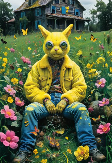 PsychadelicChaos, absurdres, high resolution, detailed, by Sebastiano del Piombo, Henrietta Harris, photograph, close up of a Inside a sprawling, gritty farmhouse, a psychedelic creature psychadeliced in a bright yellow fur coat and blue jeans sits in the middle of a lush green lawn. The house is decorated with intricately designed posters, including flowers and butterflies, Land Art, cinematic lighting, Short exposure, Ilford HP5+ 400, 35mm, yellow and electric pink neon hue, <lora:Upgraders\Detail Tweaker XL:1.0>, <lora:Challenge\aidmaPsychadelicChaosWorldMorphXL-V0.1:1.0>