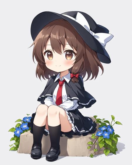 usami renko,1girl, solo, chibi, black_footwear, blue_flower, black_skirt, black_capelet, white_shirt, black_headwear, looking_at_viewer, sitting, closed_mouth, white_background, frilled_skirt, red_necktie, shoes, kneehighs, black_socks, full_body, vines, signature, collared_shirt, blush, hat_bow, smile, dated, red_ribbon
<lora:usami_renko_image1360_2023-12-20-000010:1>,star-shaped_pupils,symbol-shaped_pupils,. gorgeous,key visual, vibrant, studio anime,award-winning, professional, highly detailed,high budget, cinemascope