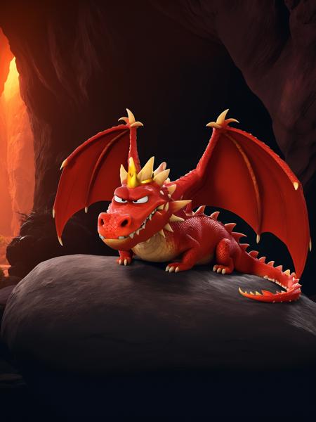 best quality, masterpiece, raw photo, 8k,uhd,cartoon, TSLoP,a red dragon with( mini crown:1.2) is sleeping on the cave, <lora:TSLoP:0.9>