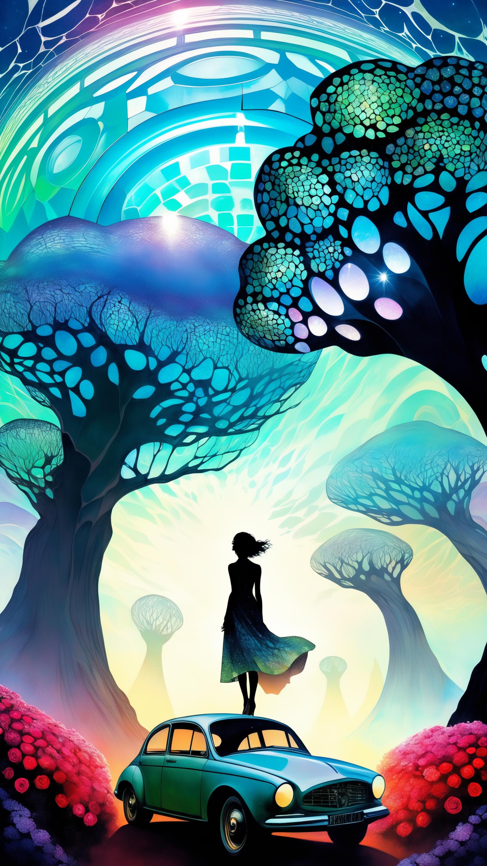 Illustration of a Woman Walking Through a Magical Forest of Tall Trees and Mushrooms