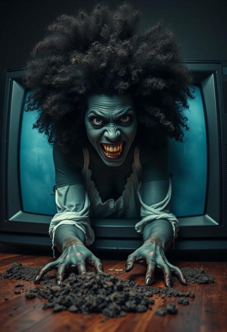 Highest quality, (cinematic lighting:1.1), action movie film still, a bluish-green ((zombie)) skinned black woman with a wild Afro that frames her eyes, wide nose, thick lips, and face. She has an angry look with her teeth showing. She wears a ((dirty white)) tattered and ripped dress covered in ((((dirt and filth))). She emerges from inside of a cathode ray television set, crawling out from inside the screen. Shot from a distance, her hands and arms are crawling on the hard wood floor in front of the 55 inch floor model CRT television while her knee is crawling from inside the tv screen, dirt covers the floor in several small piles, facing viewer, highly detailed  blemishes cover her zombie skin, the pitch black room is lit from the ambient light of the tv screen, photographed on  RF 35mm lens, F2.8, HDR, 8k, highly detailed, Cinestill 800T, dynamic angle, inspired by the movie ((((The Ring)))).