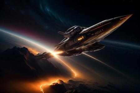 An elegant spaceship flies through a nebula, view from above, suspenseful atmosphere, ultra realistic, hyper detailed, sci-fy, cinematic lighting, highlights, gritty atmosphere, RAW, (realistic photo, best quality, detailed), (8k wallpaper), (cinematic lighting, dramatic lighting), (sharp focus, intricate), zzspczz