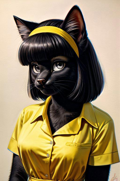 (1girl female focus solo anthro black cat black fur thick fur grey eyes 1960s flip style black wig with hairband,)BREAK,
(wearing 1950s yellow shirtdress,)  sfw, 
BREAK,
white wall in background, yearbook photo, potrait, ((1960s)), 1963, 35mm photograph, front view,  looking at viewer, ) (masterpiece, highly detailed, best quality:1.1), evening lighting, norman rockwell artstyle,)