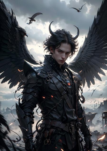 BJ_Daemon,solo,looking_at_viewer,black_hair,1boy,closed_mouth,standing,male_focus,wings,horns,armor,bird,shoulder_armor,gem,black_wings,
cinematic lighting,strong contrast,high level of detail,Best quality,masterpiece,White background,<lora:Daemon-000018:0.7>,