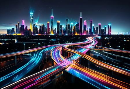 A bustling highway intersection at night, glowing with vibrant neon filaments in shades of electric blue, magenta, and amber. The towering overpasses and curving ramps are lined with pulsating neon lights, creating an intricate web of luminous pathways against the dark sky. Self-driving cars with illuminated outlines and glowing trails of light weave through the lanes, leaving dynamic, colorful streaks behind them. Above the intersection, holographic billboards and animated signs hover, casting radiant reflections on the glossy black asphalt below. The backdrop features a skyline of futuristic skyscrapers, their windows and edges glowing in complementary neon hues. The atmosphere is electrifying, chaotic, and mesmerizing, encapsulating the energy of a high-tech, neon-lit city at night. w0gf1l