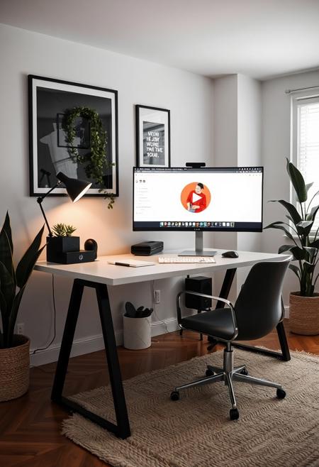 interior design, cozy, a minimal computer table, black legs, white top, ultrawide monitor, youtube study with me session