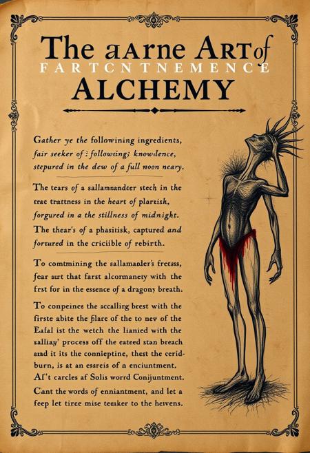 A old brown paper with the title "The Arcane Art of Alchemy" with lots of mathematical equations to the right side is a rough charcoal scetch of a man without legs and to the left is the following text
Gather ye the following ingredients, fair seeker of knowledge: the tender flesh of a salamander, steeped in the dew of a full moon; the tears of a basilisk, captured in the stillness of midnight; and the heart of a phoenix, forged in the crucible of rebirth. To commence the alchemical process, one must first ignite the salamander's flesh with a flame imbued with the essence of a dragon's breath. As it crackles and burns, chant the words of enchantment, Solis et Lunae Coniunctio, and let the smoke rise to the heavens.