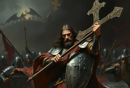 Jesus Christ, cladded in heavy armor, wielding a cross polearm, leading the armies of God to the eternal crusades
Dark, oppressive, gothic style, realistic painting