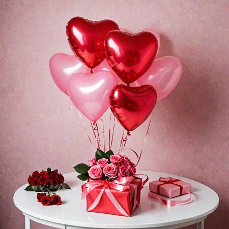 a lot several heart-shaped balloons red, a gift bag and a bouquet of pink roses on a table. Very realistic photography