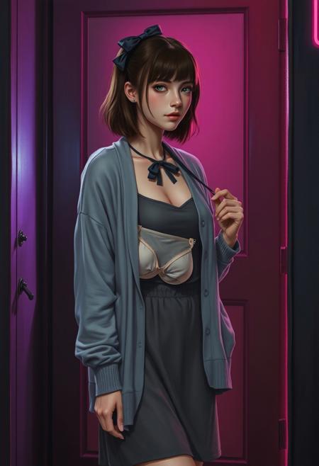 A detailed oil painting of Eez, in her early 20s, stands quietly near the entrance of a club she is leaving with an hypnosis act called "The Spiral Serpent" is going on. Eez is unaware that she is holding a bra and panties in her hand, her tall, slender figure blending into the shadows of the bright neon lights. Her brown hair, just past neck-length, is neatly tied with a small, dark bow that adds softness to her modest appearance. Slightly hunched, she embodies a shy and reserved nature. Dressed in understated, neutral clothing—an oversized gray cardigan over a loose top and medium-length skirt—Eez fades into the background. Her movements are soft and deliberate, reflecting a timid energy as she seeks shelter against the bustling world. Her green eyes scan the room with subtle wariness, as if she prefers to observe from a distance. There’s a gentle, mouse-like quality to her presence—careful and unobtrusive—yet her delicate beauty remains unnoticed by most. The neon lights cast muted colors across her face, but in the dim light, she stays a figure on the periphery, content to avoid the spotlight. The bow in her hair serves as a delicate reminder of her quiet charm.