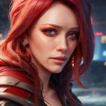 best quality, masterpiece, cinematic, realistic, cyberpunk, cyberpunk city, neon, volumetric lighting, black sky, (raining, thunderstorm), 1girl, (scarlet witch clothing, hoodie, pants, punk clothes), (flowing red hair), water reflecting off ground, ((hidden face)), close up, (torn clothes), bubble butt, No-one19, dark blue eyes