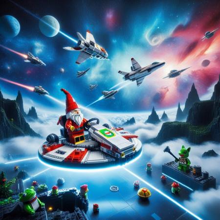 Whimsical Cartoon into Real Photo Backgrounds, Pixel Art, PixArFK, made of legos, 
score_9, score_8_up, score_7_up, score_6_up, score_5_up, score_4_up, masterpiece best quality, excellent countershading, detailed lighting, depth of field, dynamic angle, close up, oil painting BREAK a whimsical gnome riding a Shiba Inu flying saucer with its mouth open charging a laser beam, funny, realistic, photograph, shiny, rabbit, bear, frog, BREAK star cluster,space stars,clouds,stars,nebula,space art, deep space, cyberpunk space station, sci-fi space station, outer space, stars, planets, nebula, galaxies, the Milky Way, space station, massive space station, space shuttle, PixArFK