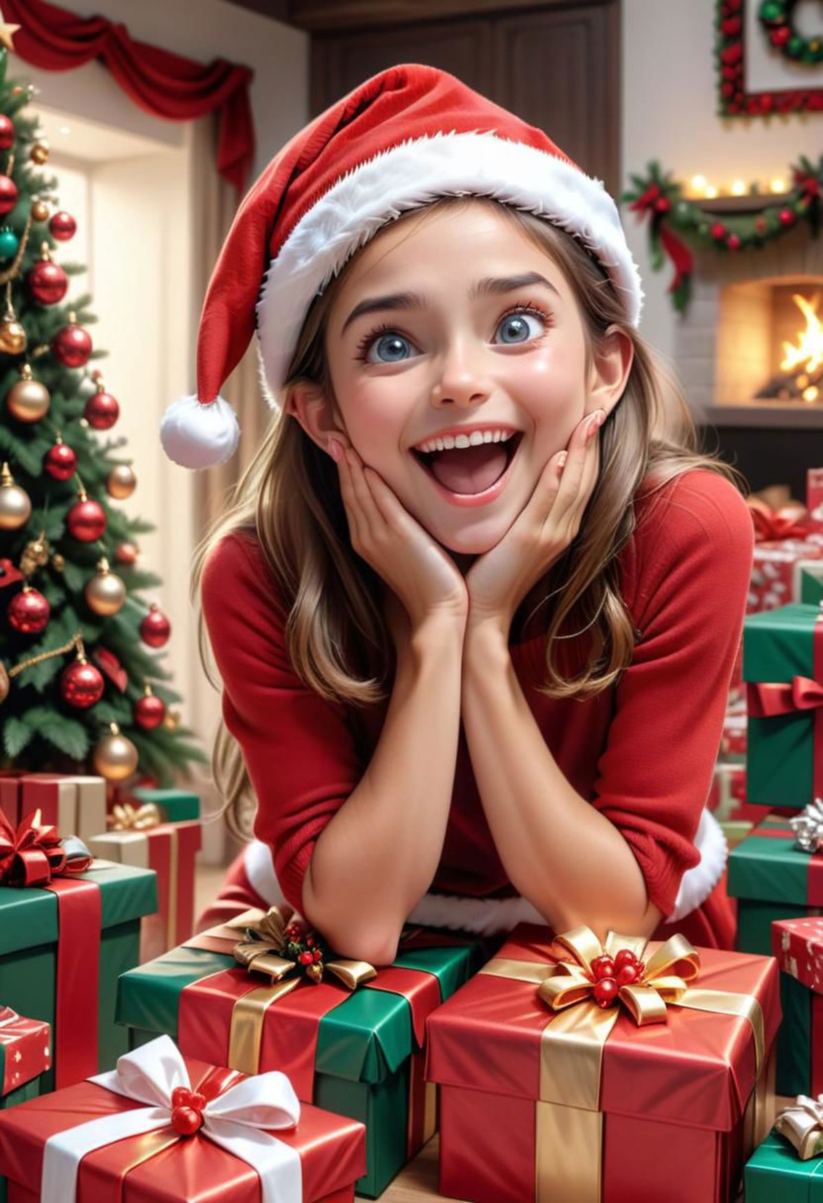 A happy young girl posing for a picture with a Christmas tree in the background.