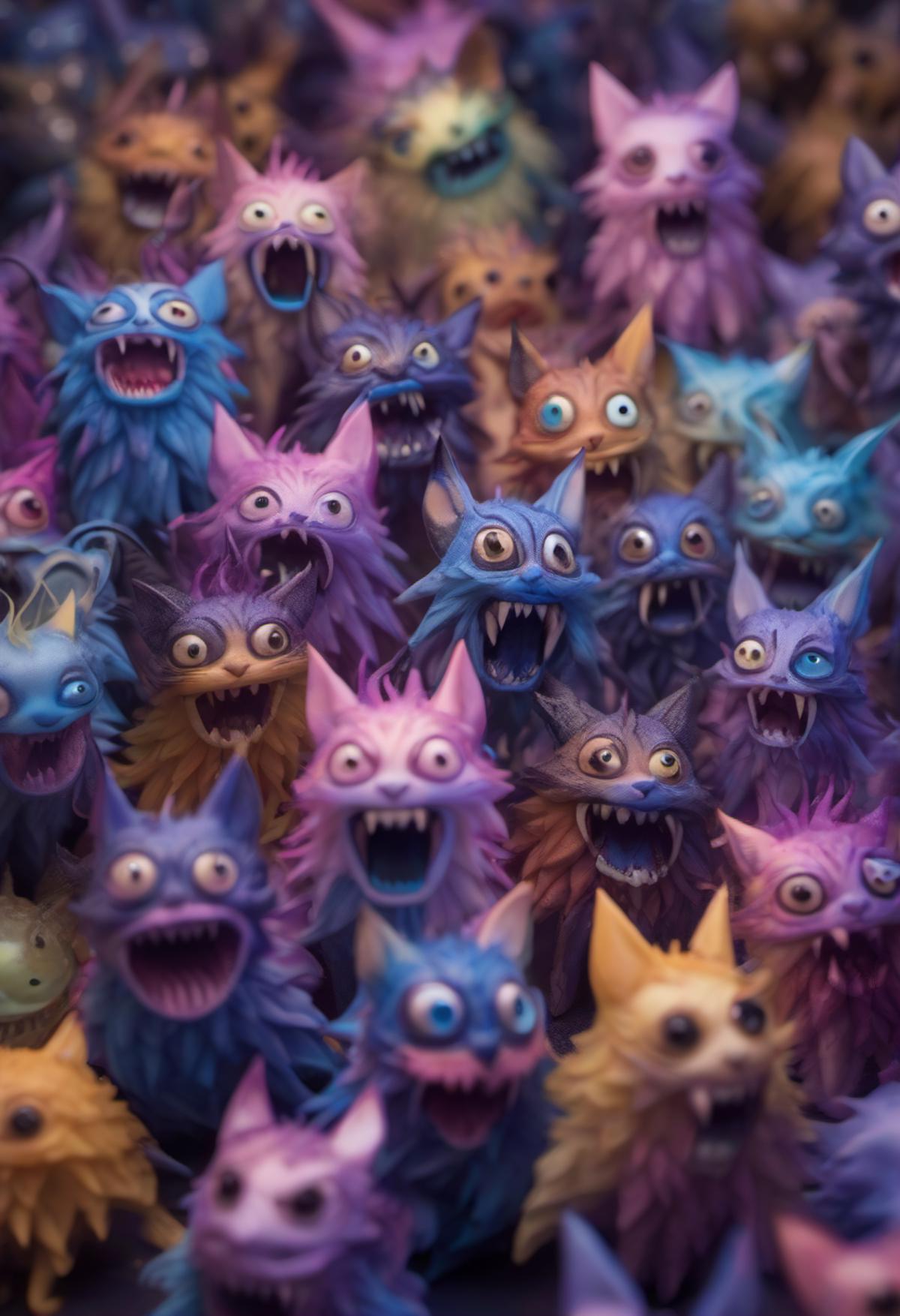 A group of colorful cat figurines with big eyes and open mouths.