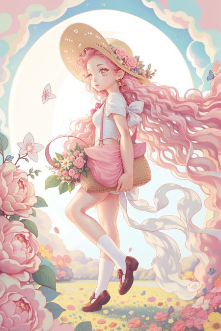 <lora:wedjigamja:1>,1girl, long hair,pink flower, moon,cute, shoes, stars, ,