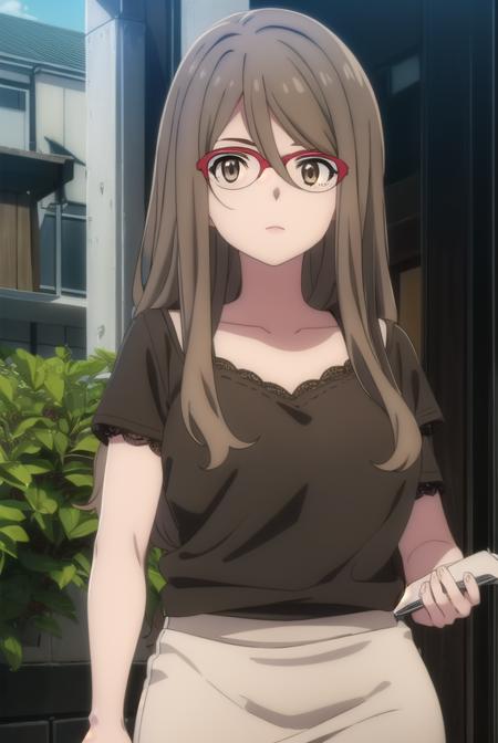 mizukinakahara, <lora:mizukinakaharas1-lora-nochekaiser:1>, 
mizuki nakahara, long hair, brown hair, (brown eyes:1.5), glasses, red-framed eyewear,
BREAK shirt, green shirt, camisole, black camisole, skirt, white skirt, short sleeves, pantyhose, pencil skirt,
BREAK outdoors, city,
BREAK looking at viewer, (cowboy shot:1.5),
BREAK <lyco:GoodHands-beta2:1>, (masterpiece:1.2), best quality, high resolution, unity 8k wallpaper, (illustration:0.8), (beautiful detailed eyes:1.6), extremely detailed face, perfect lighting, extremely detailed CG, (perfect hands, perfect anatomy),