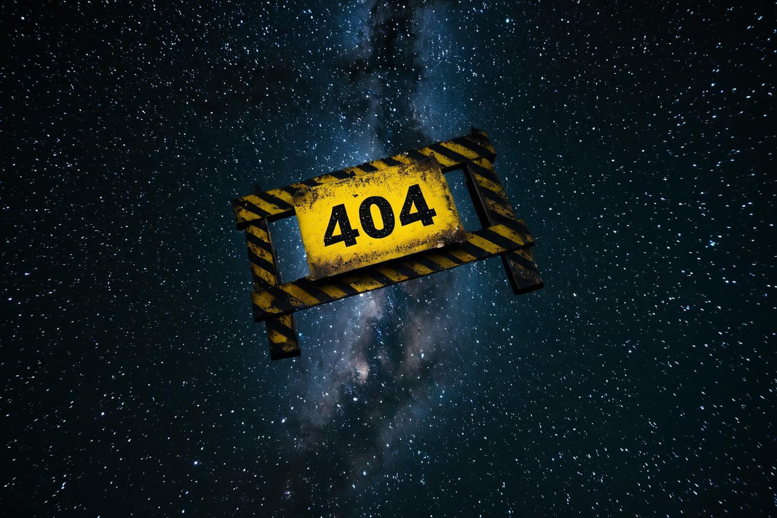 A 404 error sign in a starry background.