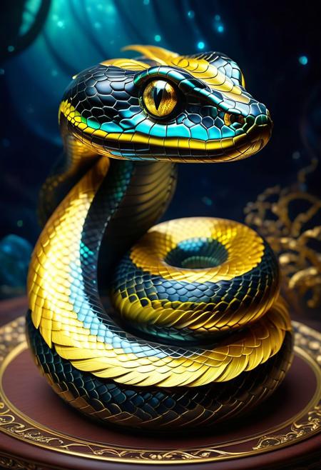 A cute little bicolor black and yellow snake breeds an adorable non-human celestial animal in celestial and fantasy style. the animal is supposed to be the most beautiful animal ever created. Consider details such as softness, feathers, silk, satin, shimmer and shimmer. Include subtle details of ghostly iridescence. emphasizes small, fanciful details and ornate jewelry. Camera: Use interesting and dynamic composition. increase visual interest. Lighting: Use ambient lighting that enhances the mood of the fantasy. include bright colors and deep shadows. hires, detailed eyes, hires detailed eyes, hires small details, elaborate details, ornate, 8k, shimmer, unity, official cgi unreal engine, high resolution, (((masterpiece))), high quality, high resolution, detail enhancement, (brilliant and bright-eyed),