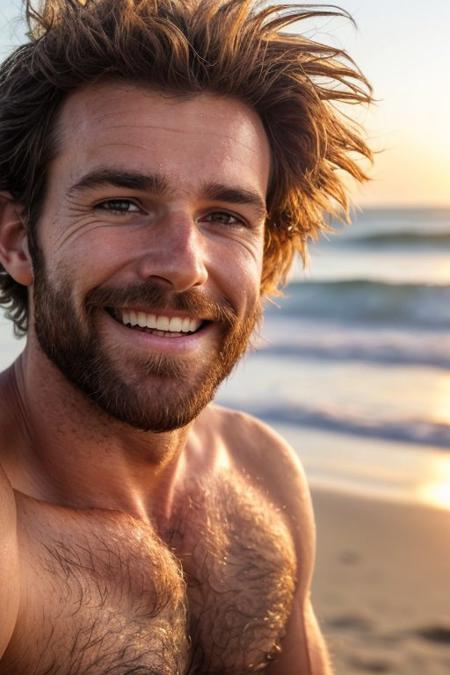 A close-up photo of a handsome hairy fit australian man, on the beach, looking the viewer, sunrise, smile, african hair