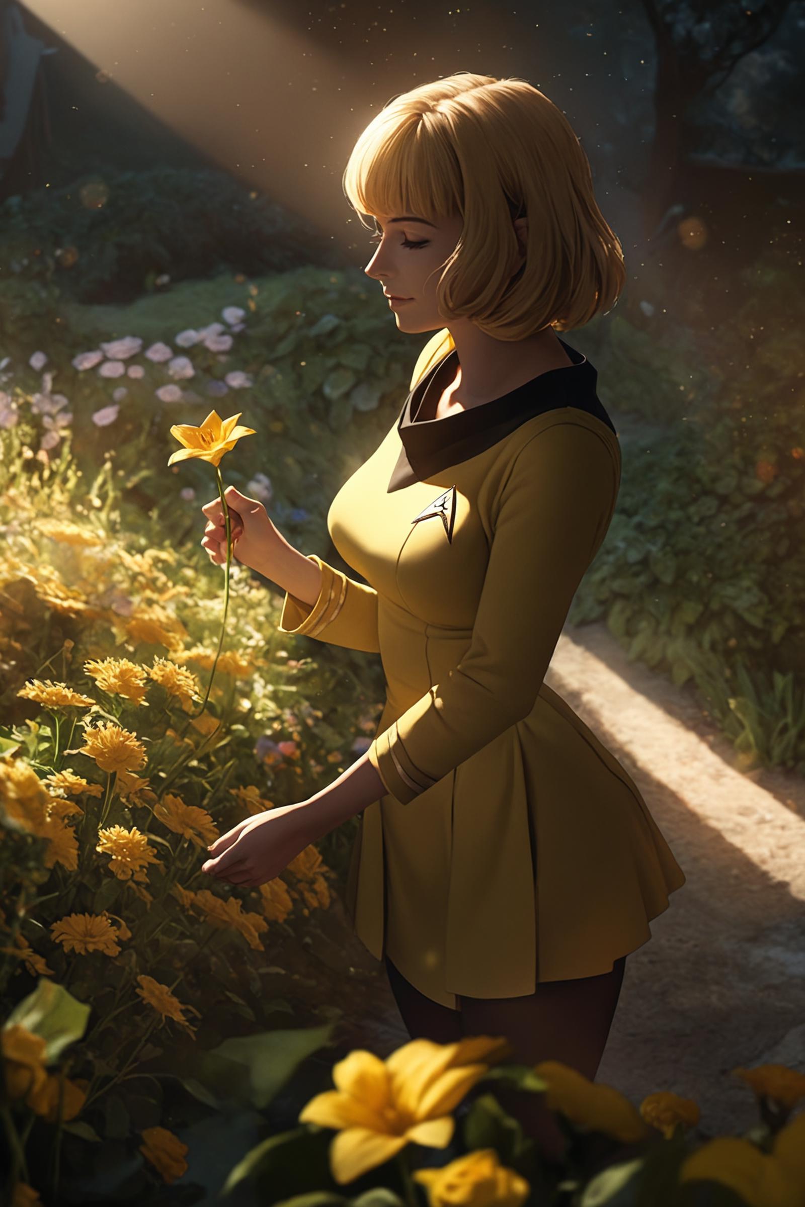 woman in a (yellow startrektos dress:1.1) admiring a flower in a garden,star trek badge,
masterpiece, best quality, soft l...