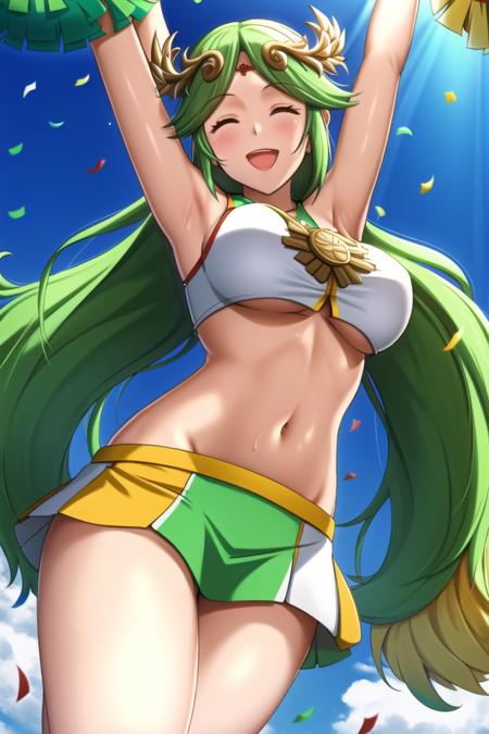 <lora:Palutena:.6>, palutena, masterpiece, best quality, 1girl, :d, arm up, armpits, green hair, cheerleader, confetti, crop top, day, half-closed eyes, holding, holding pom poms, jumping, looking at viewer, midriff, official alternate costume, open mouth, outdoors, outstretched arm, pom pom (cheerleading), skirt, sleeveless, smile, solo, mature female, toned, breasts,