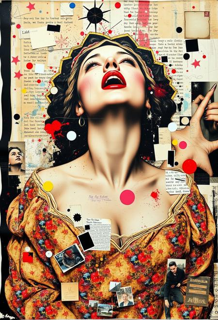 A boldly coloured mixed-media collage. Collage of vintage amateur film porn photographs.  urgent sense of chaos and energy blending fragmented styles, layers and textures. 
A vintage risograph of an Elizabethan woman with freakishly large breasts faking an orgasm.  Head back mouth open. water in eye
Layered over this obscuring the image are multiple fragmented and overlapping layers of chaotic thick paint, splatters, handwritten scrawled text messages, torn photographs and broken distorted pornographic images filling the canvas. Stars and glitter. Layers of repetition of brightly coloured dots in Yayoi Kusama style.