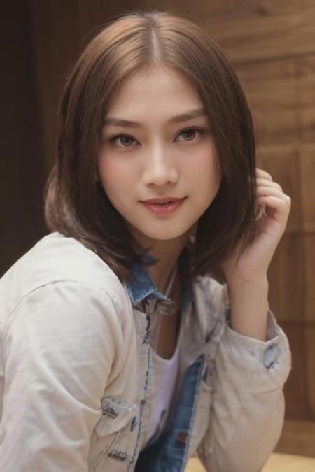 (Denim jacket), collar bone, perfect face shape, (perfect eyes, bright eyes, downing eyes, perfect eyes looking, downing eyes, brown eyes), {smirk|parted lips,teeth}), cleavage, (medium breast:1.2), looking at viewer, (shiny skin, pale skin, clear skin), {{short hair : 1.2, brown hair}}, ((apartment,simple background)), (make up, blush), (dinamic pose, profesional model pose, {naughty pose}, {suggestive pose}), (fullbody shoot), {dynamic view, dynamic angle}, expose ass