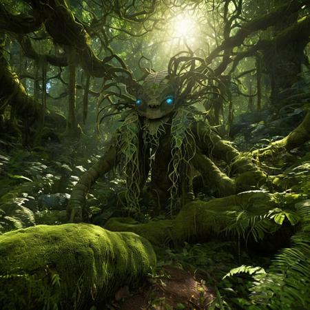 an image of a phantastic creature in a deep, dense forest. The creature should be a blend of mythical and natural elements, with bioluminescent features that glow softly in the dim forest light. Its body should be covered in intricate patterns and textures, resembling a combination of scales, feathers, and foliage. Surrounding the creature, the forest should be lush and vibrant, with towering ancient trees, thick underbrush, and a canopy that filters the sunlight into beams. The scene should be filled with intricate details, such as vines hanging from branches, moss-covered rocks, and small woodland creatures peeking through the foliage. The atmosphere should be mystical and enchanting, capturing the essence of a hidden, magical world.