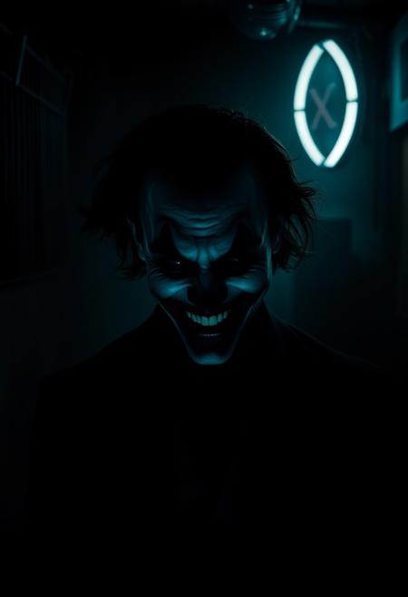 a haunting and mysterious portrayal of the Joker in a dimly lit, shadowy environment. The Joker stands alone, surrounded by an atmosphere of eerie darkness, with subtle hints of neon lights casting surreal highlights on his iconic face. Capture the enigmatic smile and madness in the Joker's expression, emphasizing the chaos that defines his character. Utilize dramatic lighting to create deep shadows and highlights, adding a sense of theatricality to the scene. The background should be atmospheric, with elements that suggest a gritty, urban setting. Emphasize the psychological depth and complexity of the Joker's character in this captivating, dark composition