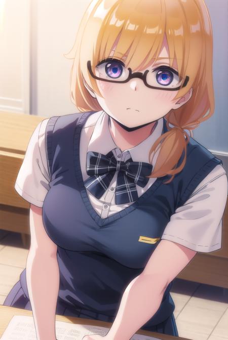 emilythomas, <lora:emily thomas anime s1-lora-nochekaiser:1>,
emily thomas, long hair, blue eyes, blonde hair, glasses, semi-rimless eyewear, black-framed eyewear, under-rim eyewear,
BREAK shirt, bow, school uniform, white shirt, short sleeves, bowtie, sweater vest,
BREAK indoors, classroom,
BREAK looking at viewer,
BREAK <lyco:GoodHands-beta2:1>, (masterpiece:1.2), best quality, high resolution, unity 8k wallpaper, (illustration:0.8), (beautiful detailed eyes:1.6), extremely detailed face, perfect lighting, extremely detailed CG, (perfect hands, perfect anatomy),